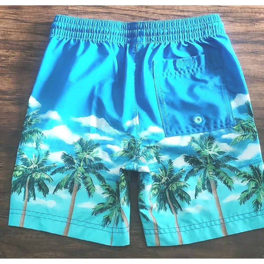 Old Navy Swim Trunks Boys S 6 7  Blue Palm Tree Tropical Pocket Drawstring Beach